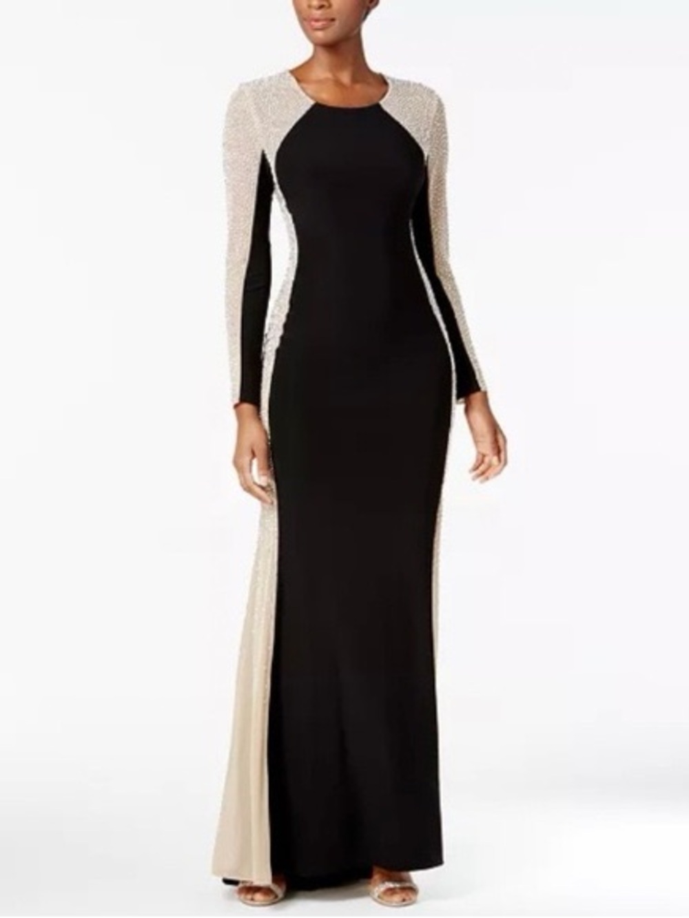 Xscape Size 14 Black and Cream Beaded Long Sleeve Evening Gown